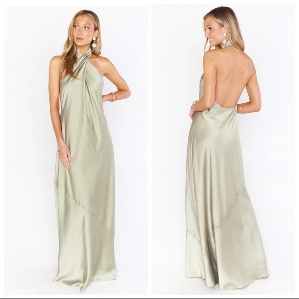Show Me Your MuMu Sage Green Satin Halter Maxi Dress